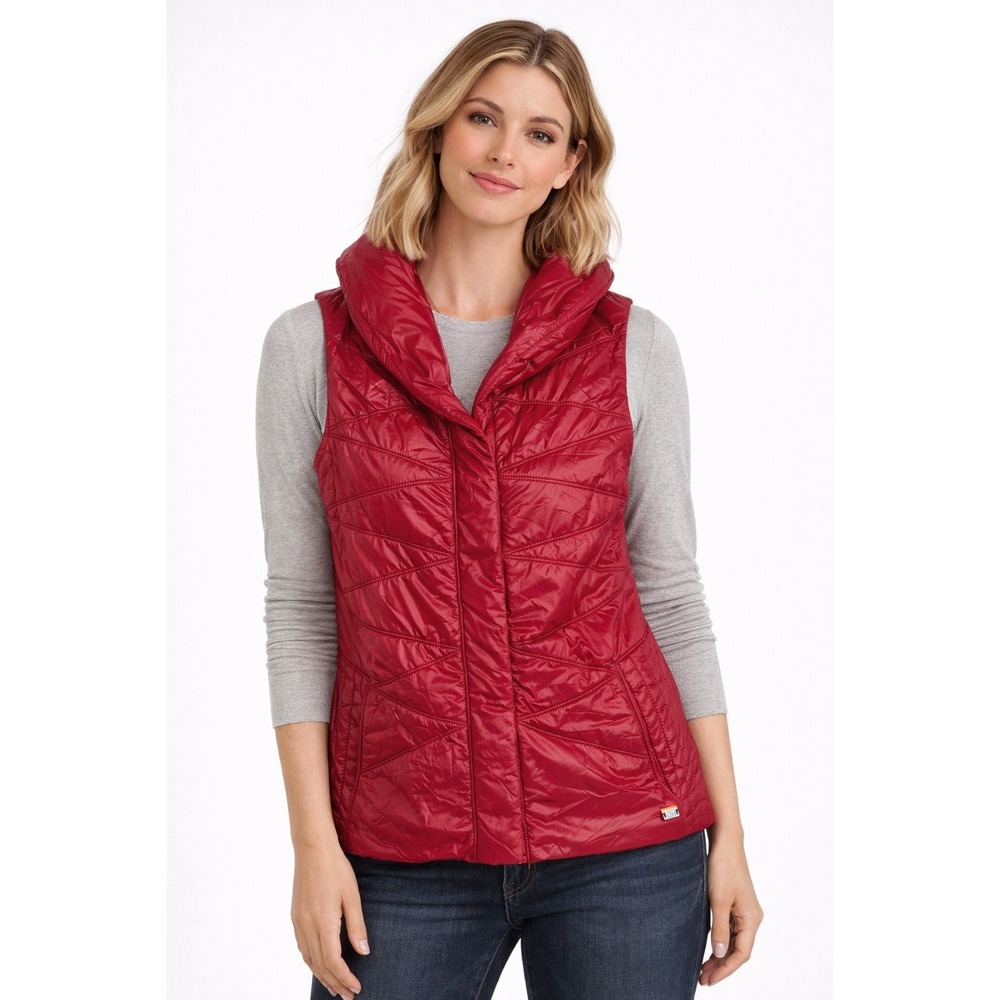 Lucy Women's Red Puffer Vest Size Small Full Zip Jacket Pockets Full Zip Snaps